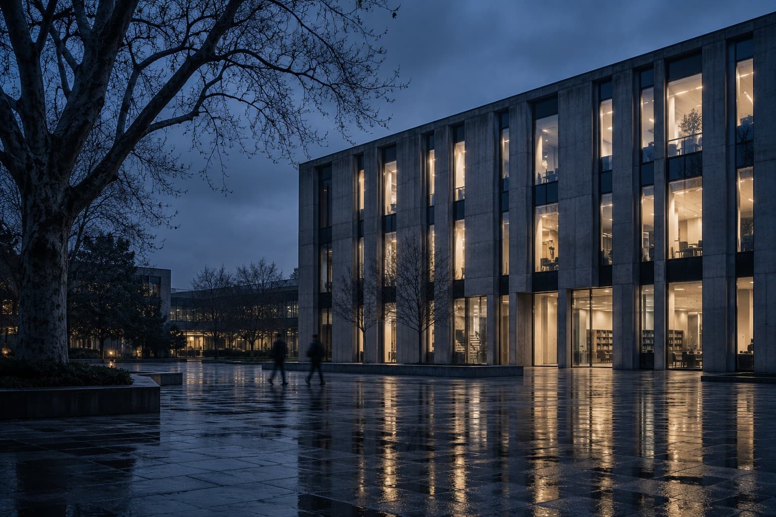 A university quadrangle at blue hour: a concrete and glass academic building with lit windows, a bare tree, and two figures crossing wet paving.