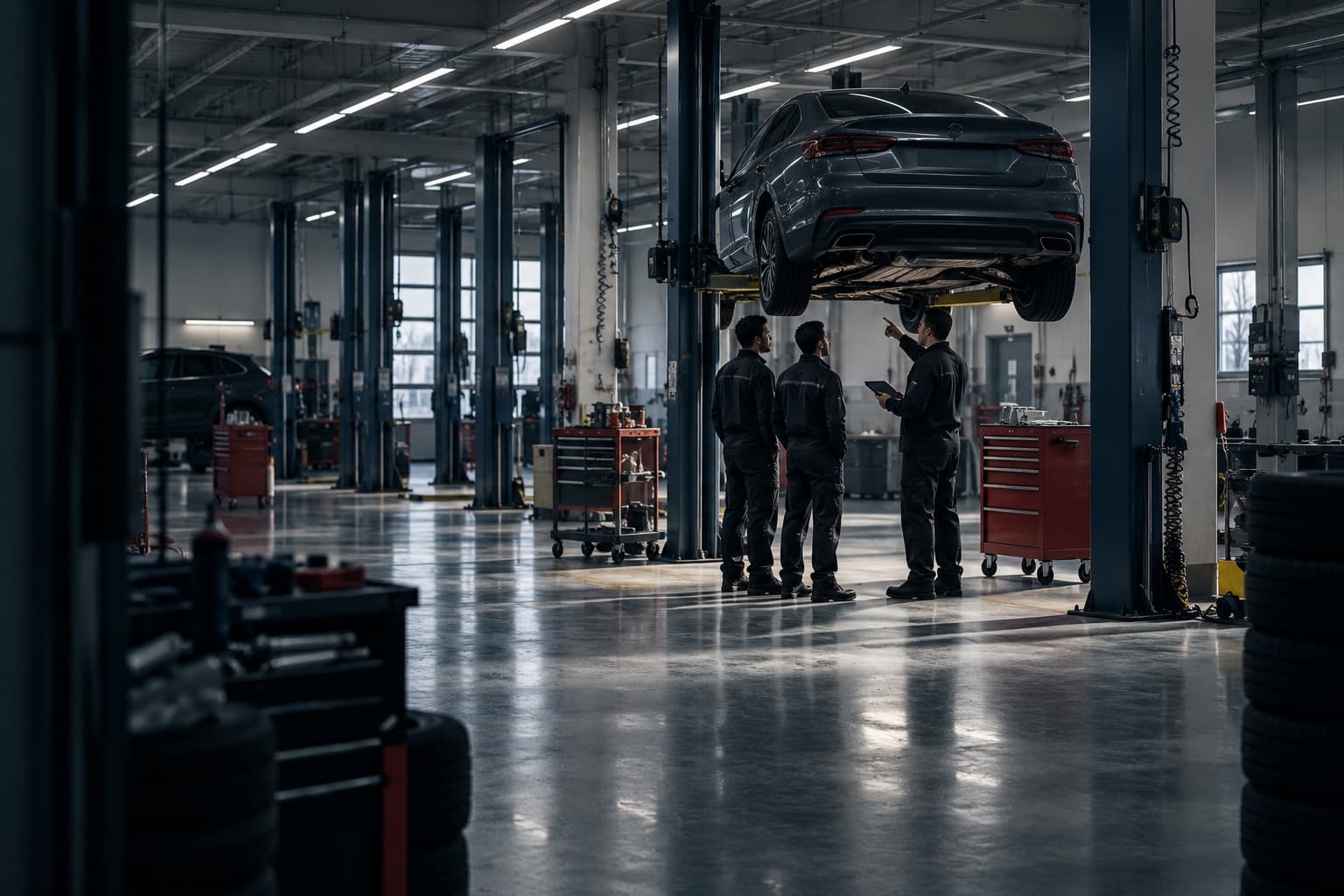 A dealership service workshop: three technicians grouped beneath a vehicle on a lift, the senior of them gesturing toward a component while holding a tablet.