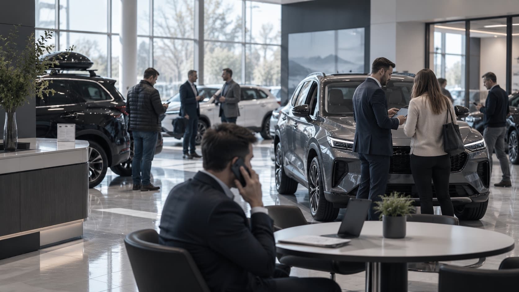 A dealership showroom floor: a salesperson and a customer looking together at a tablet beside a vehicle, with colleagues working in the background.