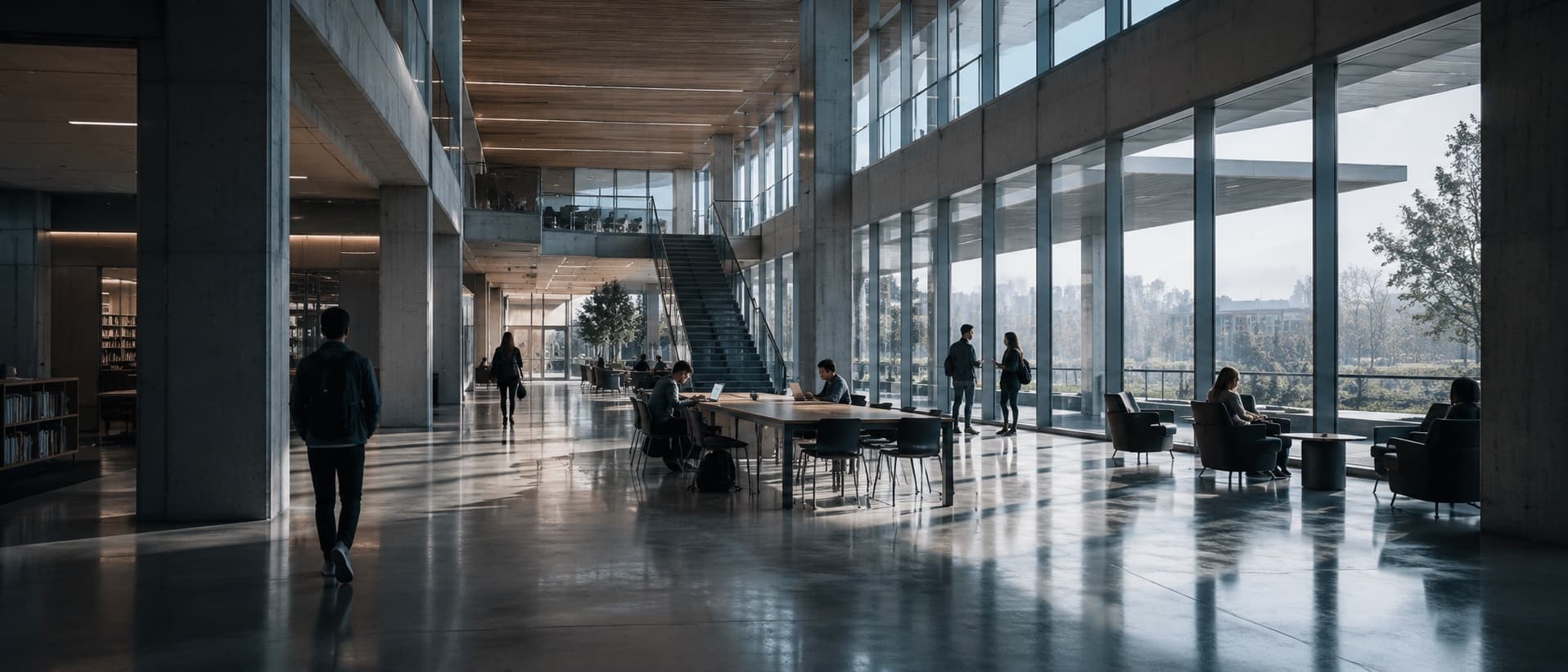 A university learning commons seen across its full width: concrete, glass and pale oak in cool daylight, with students and faculty at a distance.