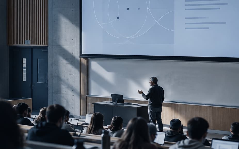 A university lecture theatre mid-session: a lecturer at the board gesturing toward a projected diagram, students seated at tiered desks seen from behind.
