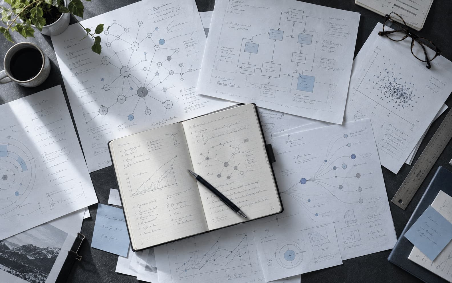 A research desk from above: overlapping sheets of hand-drawn network diagrams, flowcharts and scatter plots around an open notebook, with a pen, ruler and glasses.